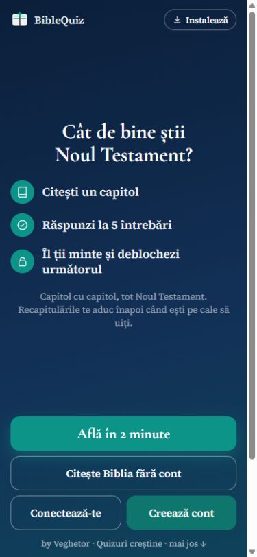 Primul ecran real al aplicației BibleQuiz pe telefon
